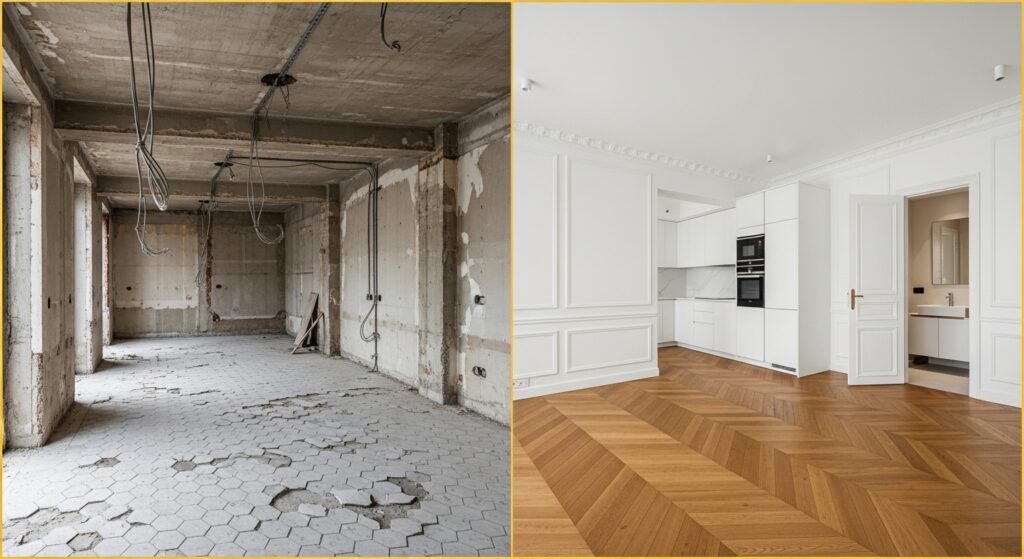 renovation-paris-17-avant-apres-salon-cuisine-blanche-parquet