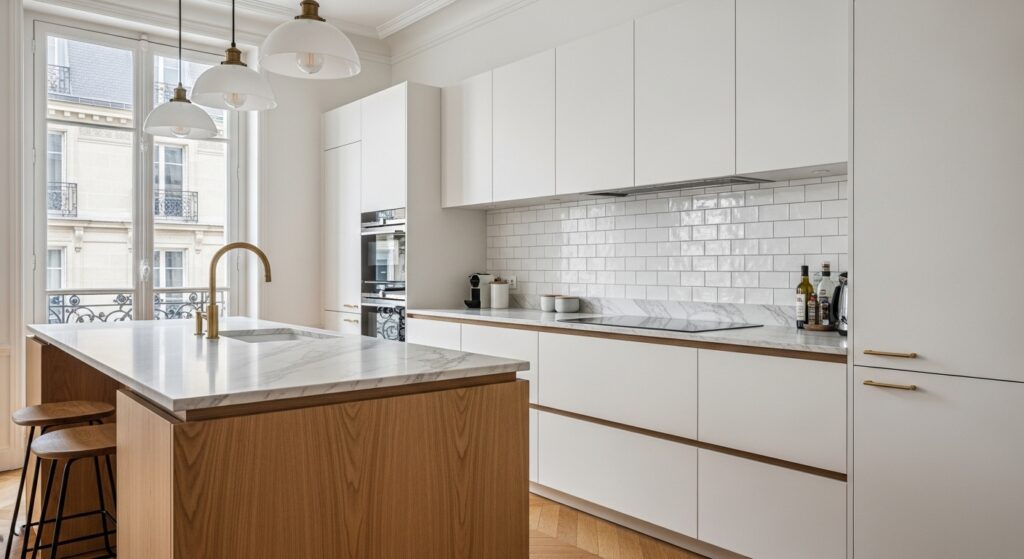 renovation-paris-17-cuisine-blanche-ilot-bois-plan-marbre