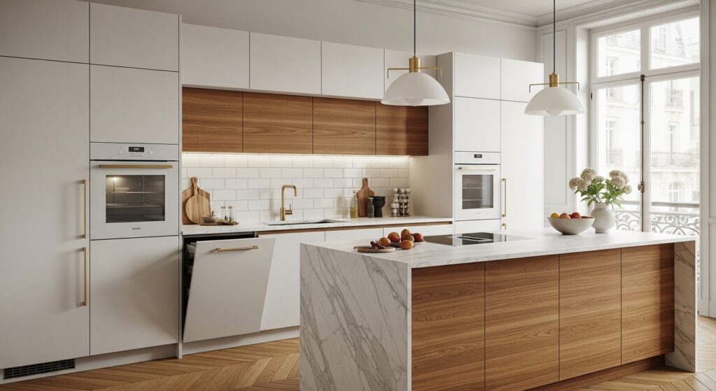 renovation-paris-17-cuisine-moderne-blanche-bois-ilot-marbre