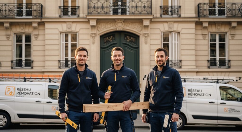 renovation-paris-17-equipe-artisans-devant-camionnettes