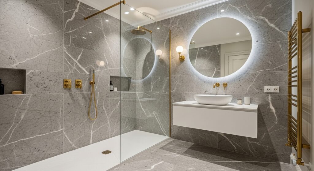 renovation-paris-17-salle-de-bain-douche-miroir-rond-retroeclaire